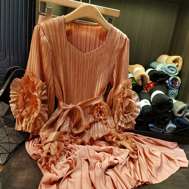 

Miyake Pleated Skirt Set 2025 Spring Summer New Pleated Large Size Loose Women's Square Neck Long Sleeve Solid Color 2-piece Set