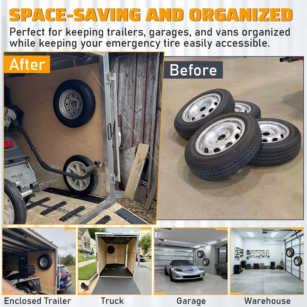 Upgraded Spare Tire Wall Mount, Spare Wheel Holder for Enclosed Trailer, Race Box, Truck, Van, Garage, Warehouse, Semi