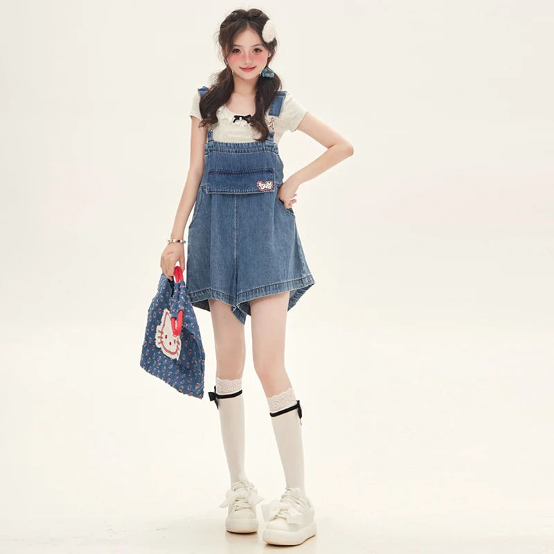 

Anti-Aging Dopaamine Denim Overalls Women's Summer Shorts Bunny Ear Design Small Size One-Piece Pants High Waist Blue Jeans