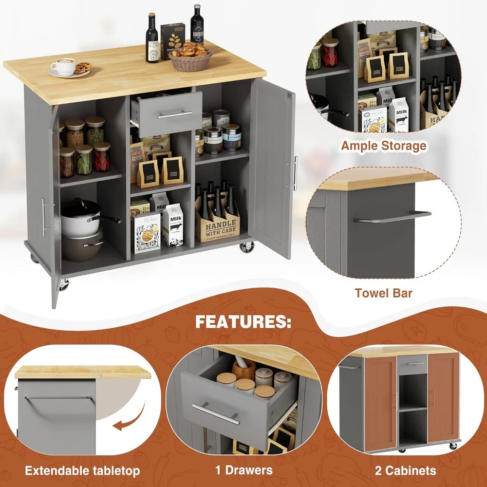 Катящийся кухонный остров с выдвижным листом, ящиками для хранения и вешалкой для полотенец для гибкого использования