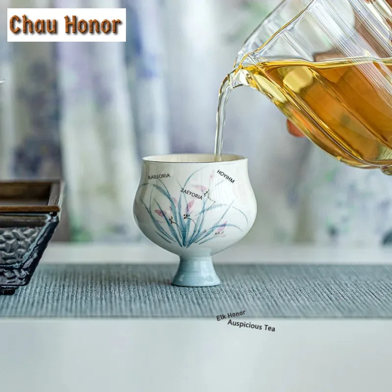 

2pc/lot 65ml Pure Hand-painted Orchid Ceramic Teacup Drawing Platinum Barbarian Waist Cup High Foot Master Cup Kung Fu Teaware