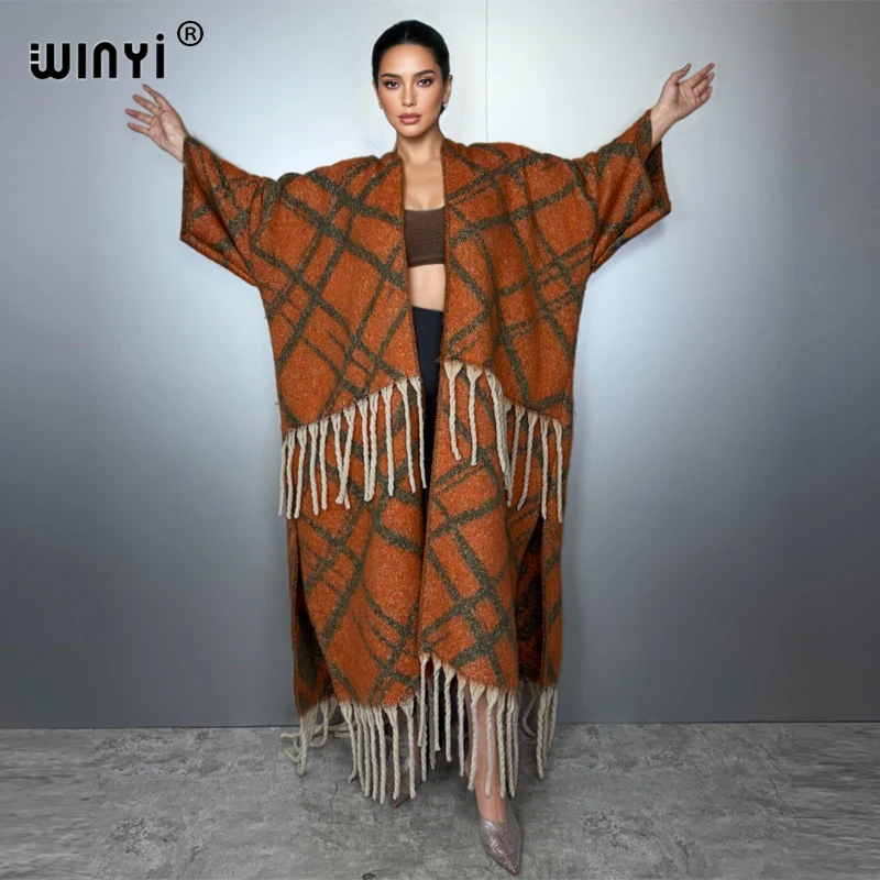 

WINYI winter Africa coat for women fashion print tassel Luxury Long Fur Loose OverCoat Thick Warm long down coat kimono kaftan