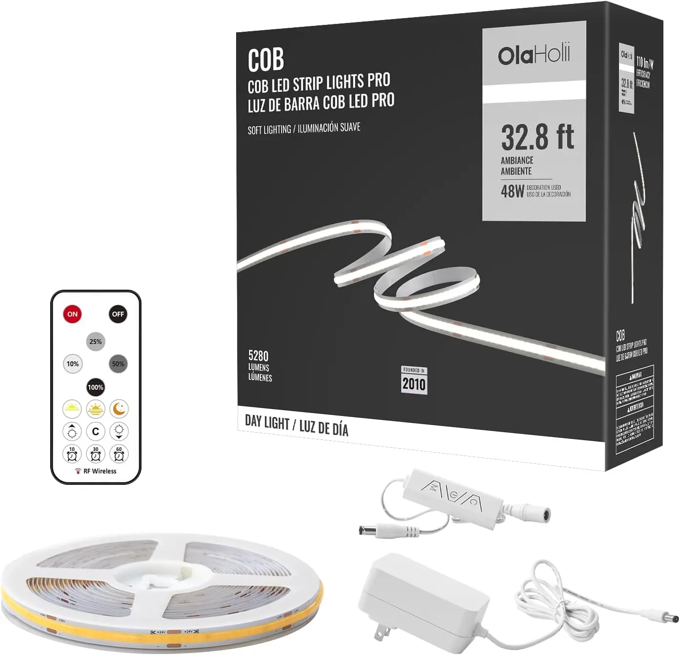 

32.8ft COB LED Strip Light, 6500K Dimmable Daylight White with Remote, for Mirror, Stairs, Cabinets