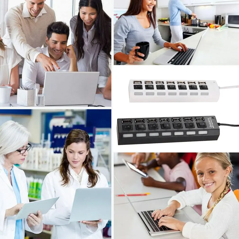 7 Ports USB HUB 2.0 3.0 High Speed USB Splitter Expander Multi-Port Independent Switch for PC Laptop Mac Windows With LED light