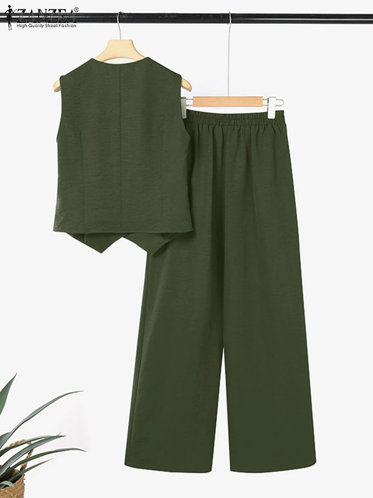 2PCS Summer Sleeveless Tops Trousers Suits ZANZEA 2025 Women Wide Leg Pant Sets Elegant Solid OL Work Tracksuit Casual Outfit