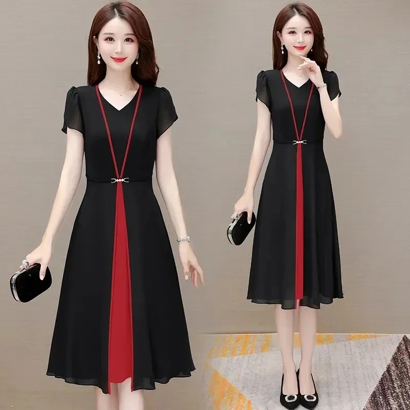 

Chiffon V-neck Dress Female 2024 New Summer Atmosphere is Slim Contrast Stitching Temperament Short Sleeve Split Dress CY488