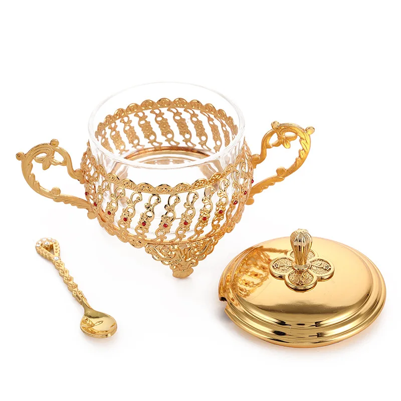 European Glass Spice Jar with Hollow Metal Holder, Creative Kitchen Seasoning Container, Single Sugar Pot for Countertop