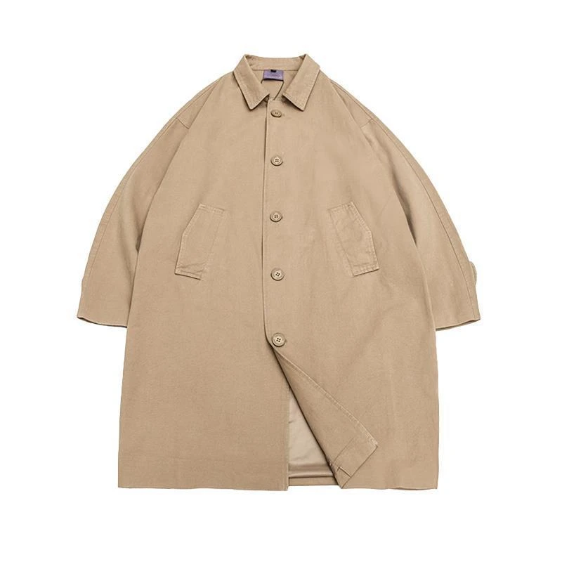 Young Men's Japanese Retro Loose Trench Coat Solid Color Minimalist Couple's Jacket Mid Length for Spring Autumn​