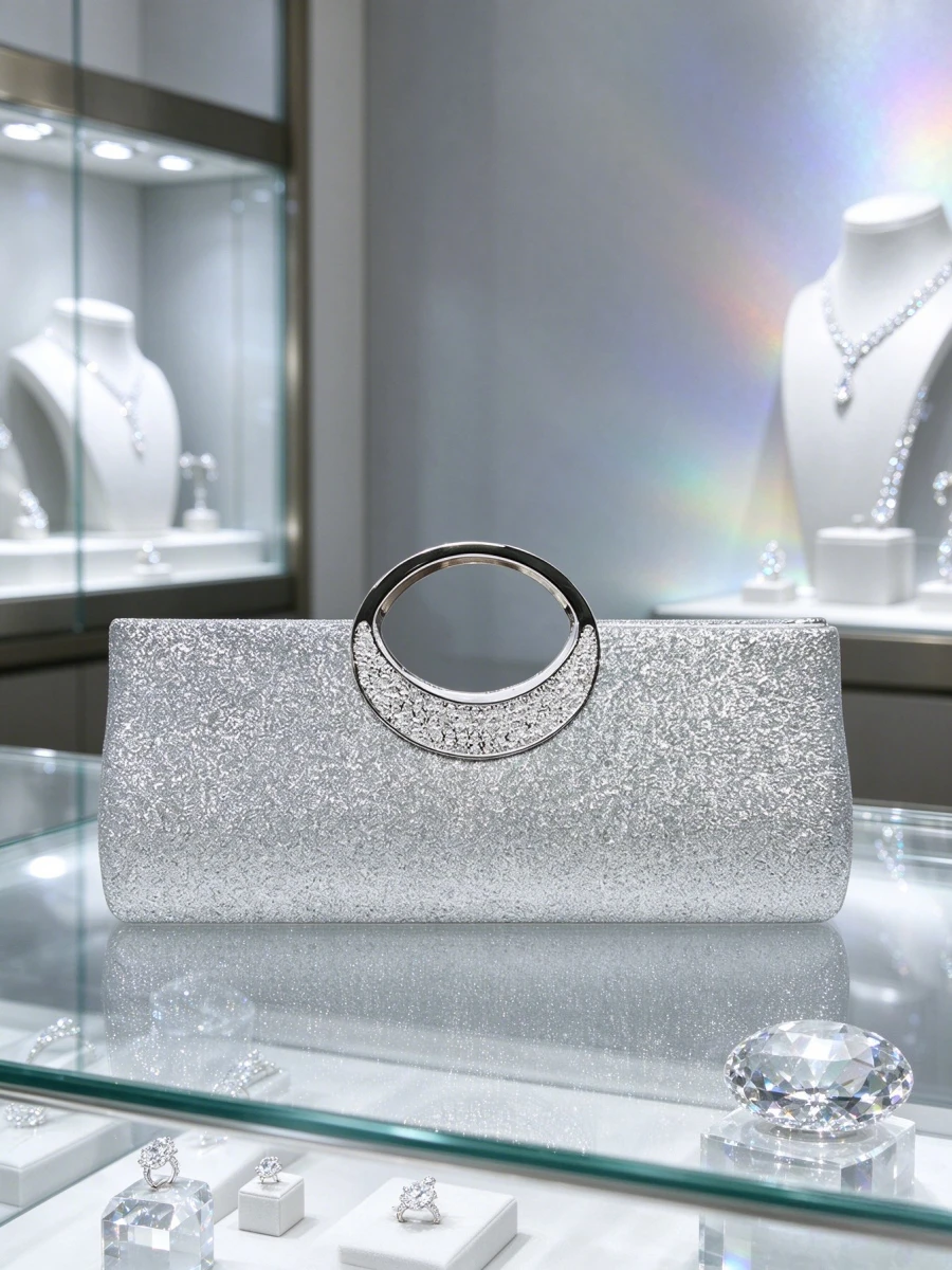 Silver Glitter Rhinestone Ring Handle Evening Clutch Bag, Sparkling Rectangular Formal Purse Wedding Party Handbag Mid Age Women