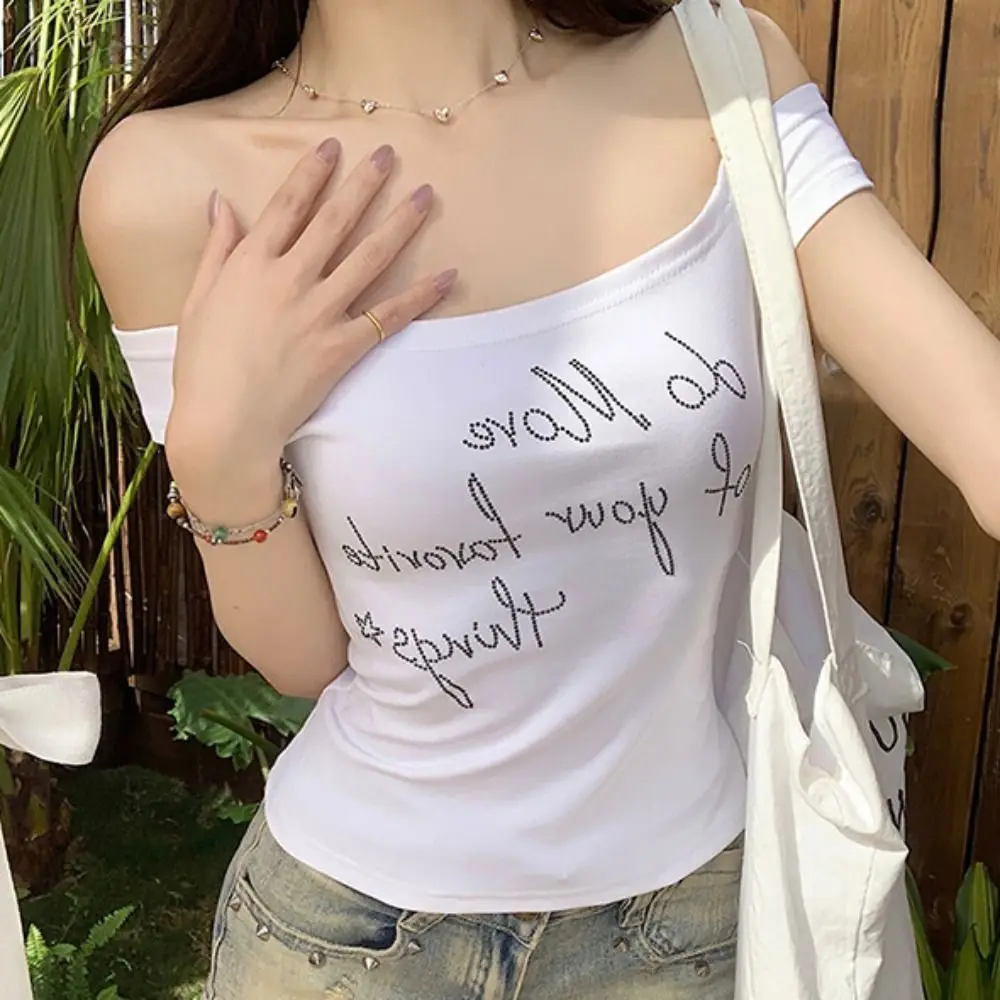 

Укороченный топ с открытыми плечами в стиле ретро, облегающая милая футболка со стразами, женская одежда, нижняя рубашка, женская женская