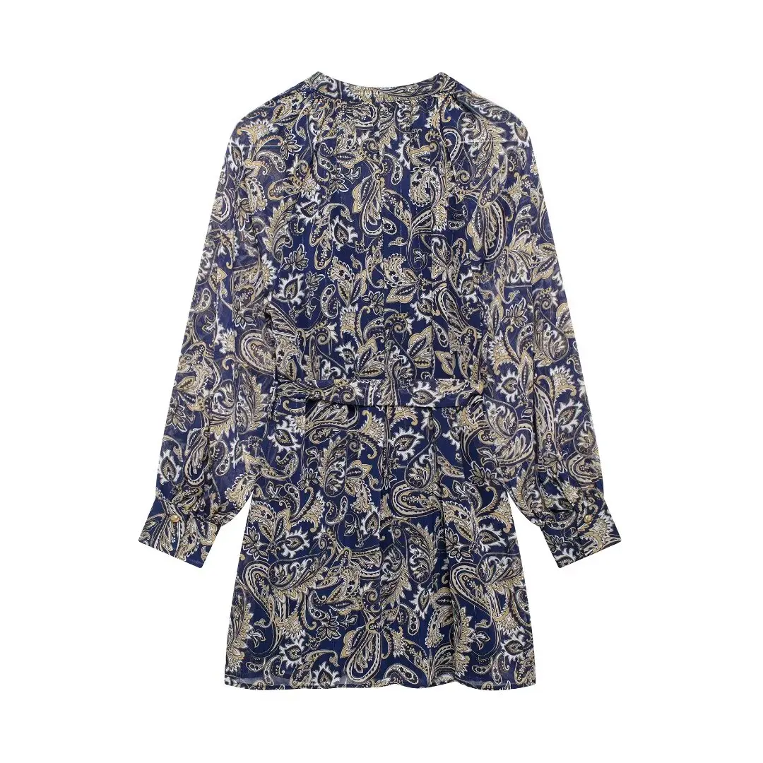 Tangada 2024 Women Flowers Print Chiffon Dress With Slash Long Sleeve Female Mini Dress BE0335