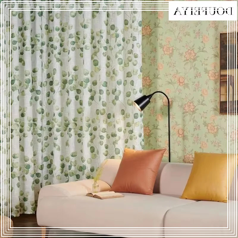 Custom Size Leaf Printed Window Veil Modern Luxury Sheer Curtains for Living Dining Room Bedroom Door Fashion Elegant
