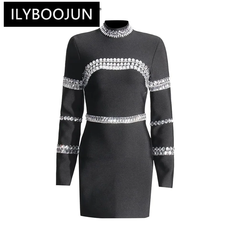 

ILYBOOJUN Solid Slimming Dress For Women Stand Collar Long Sleeve High Waist Patchwork Diamonds Dresses Female Fashion Style