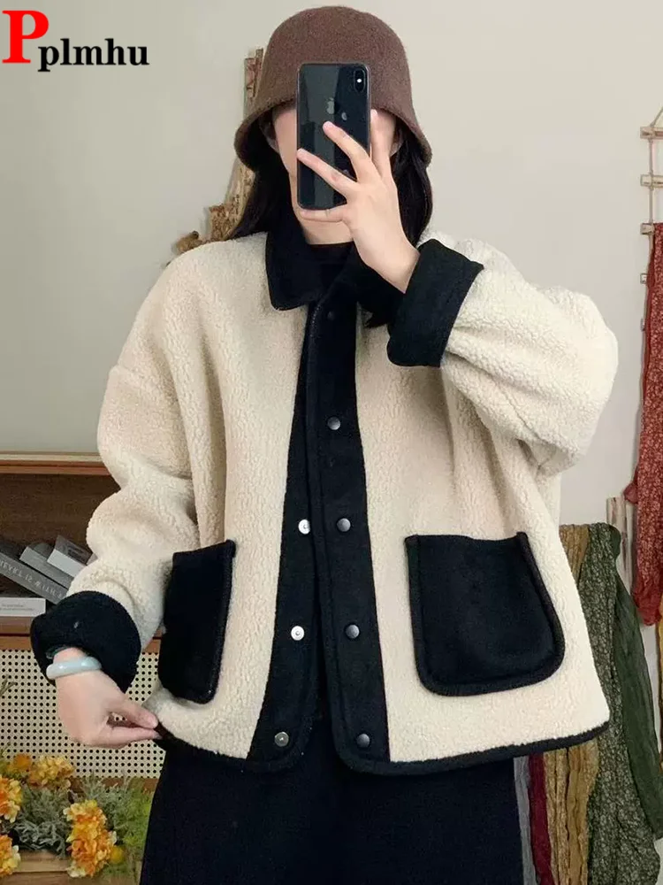 

Turn-down Collar Fleece Jackets Coat Korean Fashion Baggy Women's Casual Chaquetas Warm Loose Spliced Patchwork Top Jaquetas