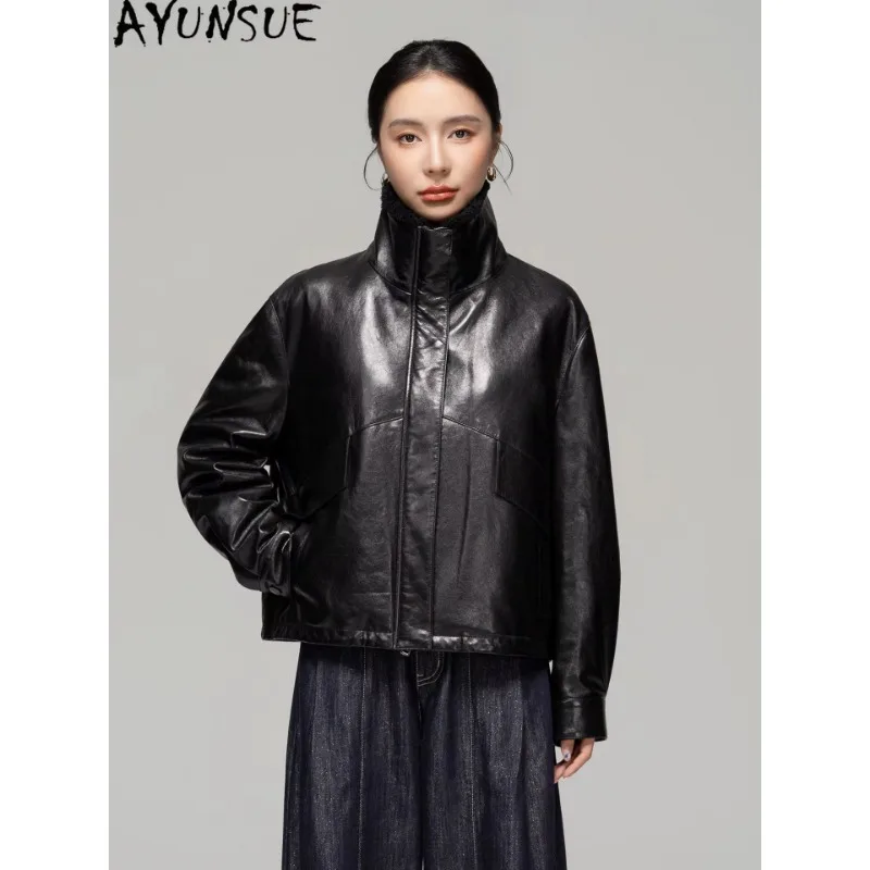 AYUNSUE Lamb Wool Collar Natural Sheepskin Leather Jacket Women Winter Clothes 90% White Goose Down Coats Woman Jaqueta De Couro
