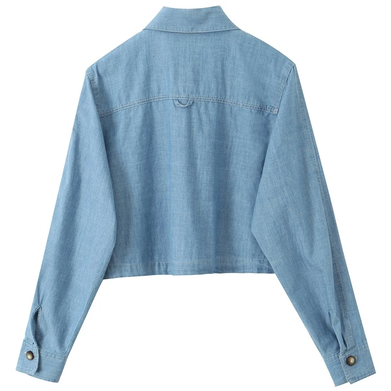 TRAF Denim Cropped Shirt Women's Blouse Spring Summer Women Lapel Collar Long Sleeve Pocket Top Elegant Blouses For Ladies 2024