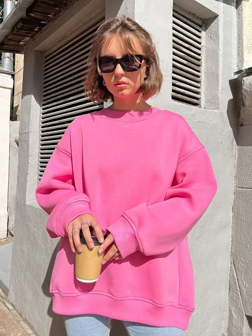 Round Neck Pullover Hoodie Mid Length Alternative Street with Loose Fit Single Regular Thickness Streetwear Women Sweatshirts