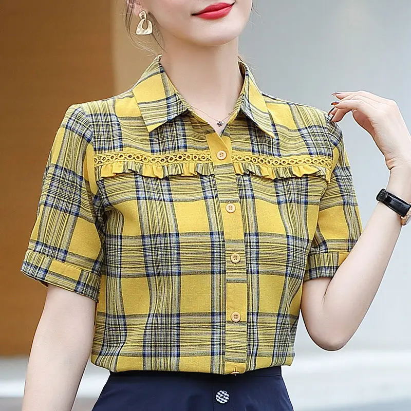 

Fashion Printed Spliced Button Ruffles Plaid Shirt Women's Clothing 2023 Summer New Casual Tops Short Sleeve Commuter Blouse