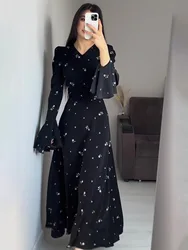 Eid müslüman parti elbise kadınlar için ramazan Lotus yaprağı kol baskı uzun elbise kemer Abaya Vestidos Largos Dubai Robe Jalabiya 2024