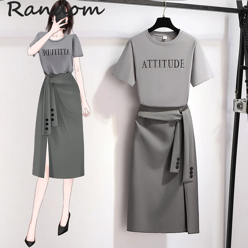 

Women Elegant Office Gray Suit Letter Print T Shirt Top And Split Knee Skirt Two Piece Set Ladies Workwear Matching Outfit L-4XL