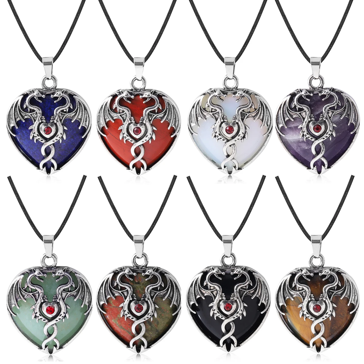 

Vintage Dragon Man Necklace Natural Stone Crystal Heart Shape Pendant Necklaces for Women Amethysts Pink Quartz Jewelry Gift