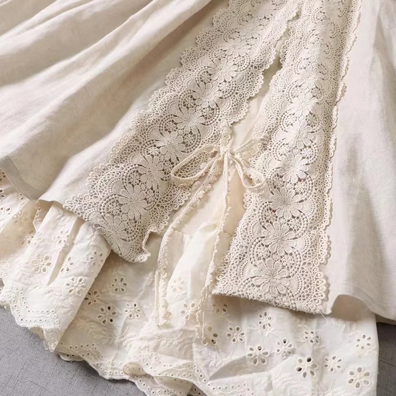 Johnature Vintage Mori Cotton Linen Patchwork Lace Skirts 2023 Autumn New All Match Elastic Waist Japanese A-Linen Women Skirts