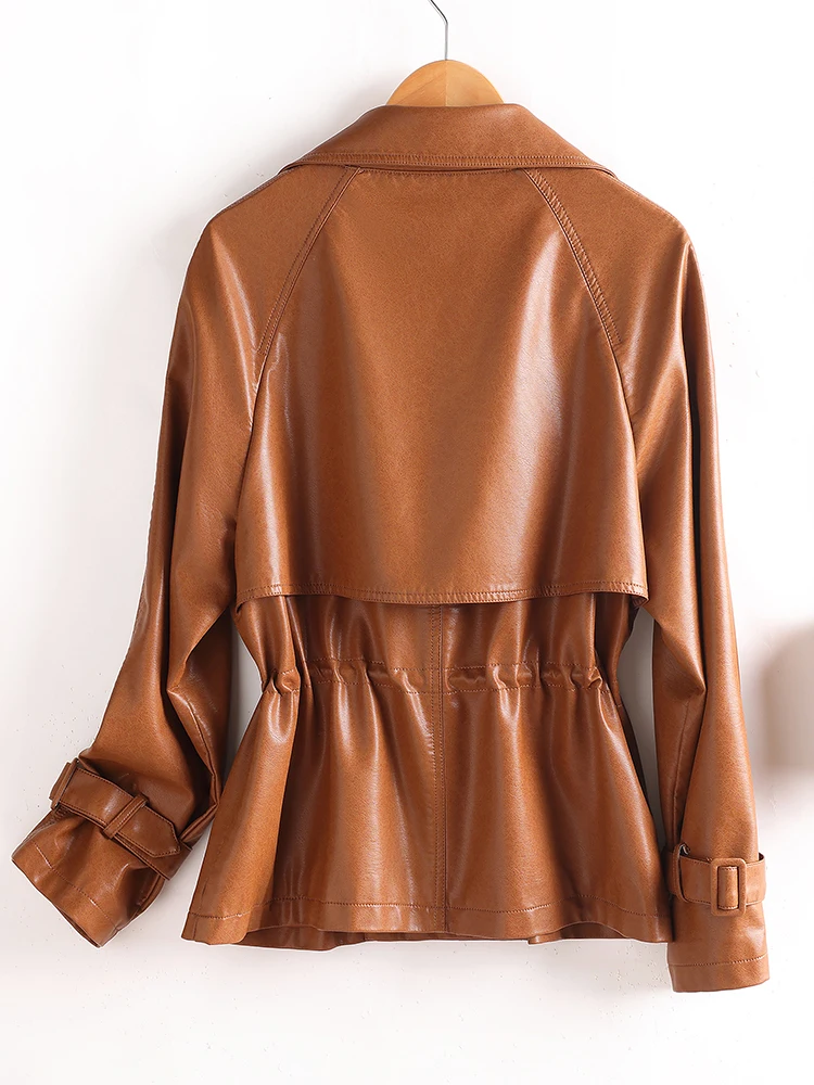   Veste en cuir véritable pour femme, style coréen, coupe ajustée, coupe-vent décontracté, double boutonnage