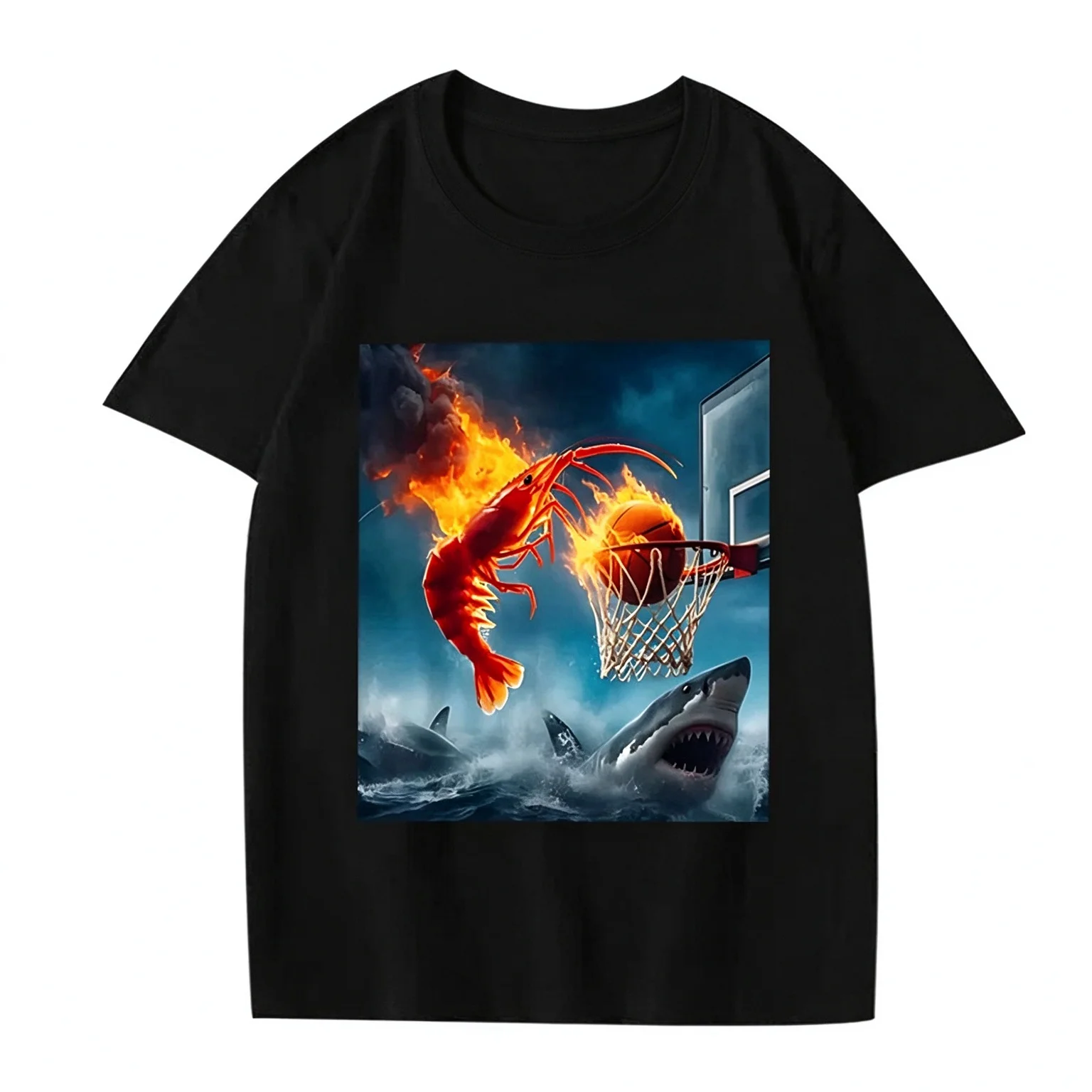 2026 Shrimp Dunking on Shark Graphic Tee Retro Fishing Meme TShirt Women Short Sleeve Summer Tops Aesthetic Clothes Streetwear