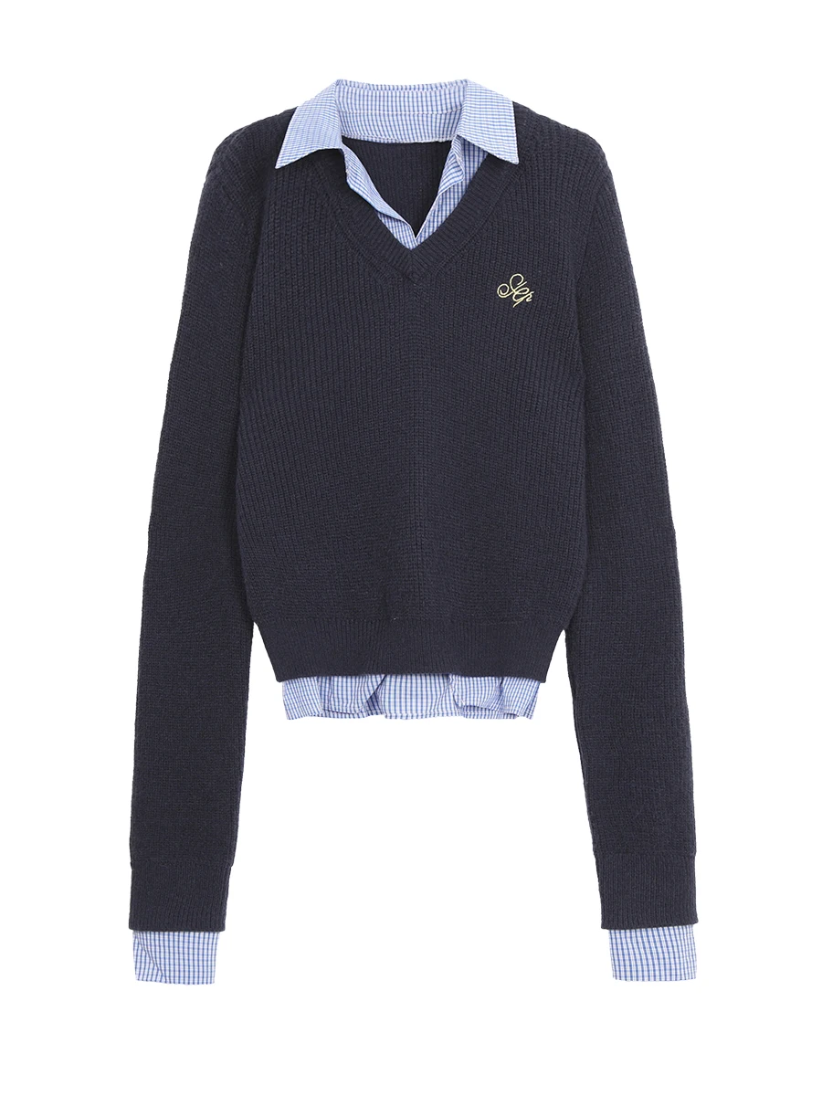 سترة محبوكة زرقاء للنساء، قميص طبقة أساسية، تصميم جديد للخريف والشتاء، أسلوب عصري مريح، إحساس راقي، قطعة واحدة بياقة بولو