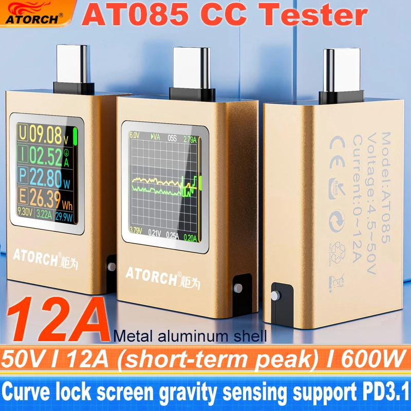 Display Digital Amperímetro de Tensão Medidor de Banco de Potência Carregador de Celular tipo c Tft G-sensor Tester At085 dc 4.550v 012a 600w Pd3.1