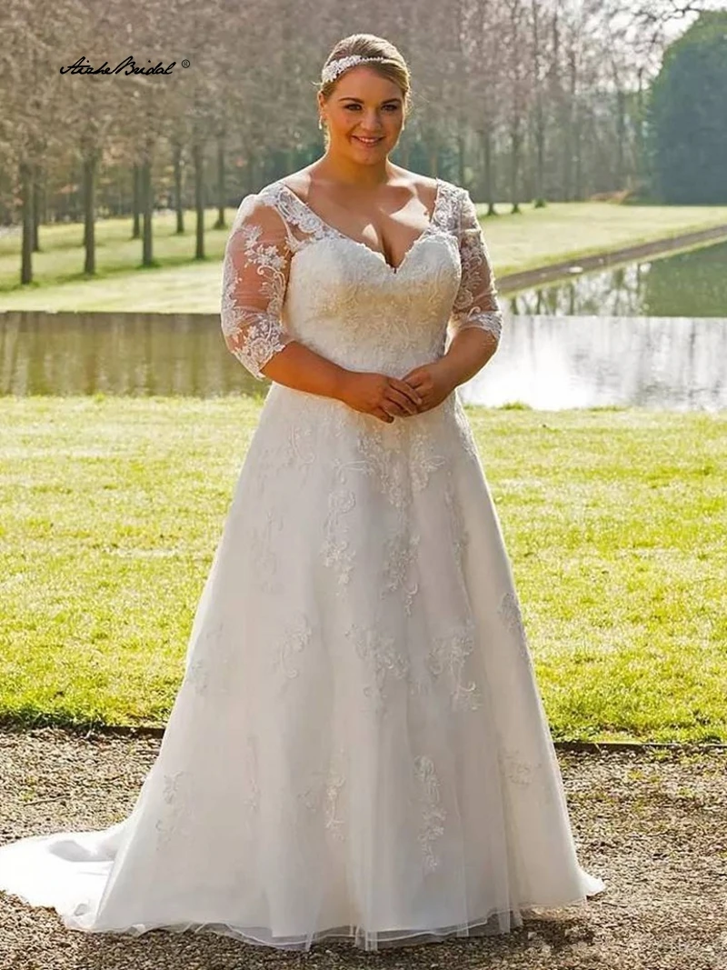 Abito da sposa a mezza manica taglie forti per donna Scollo a V in pizzo A Line Abiti da sposa con applique Robe De Mariée