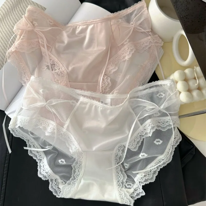 

Lace Underwear Women Cotton Antibacterial Crotch Panties Thin Breathable Middle Waist Seamless Briefs Summer Bow Knot Underpants