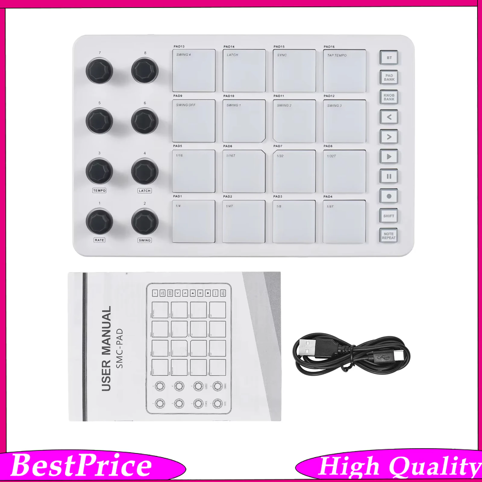 M-VAVE SMC-PAD Portable Wireless MIDI Controller Suitable Percussion Keyboard USB-C Interface Design Small MIDI Pad for Beginner