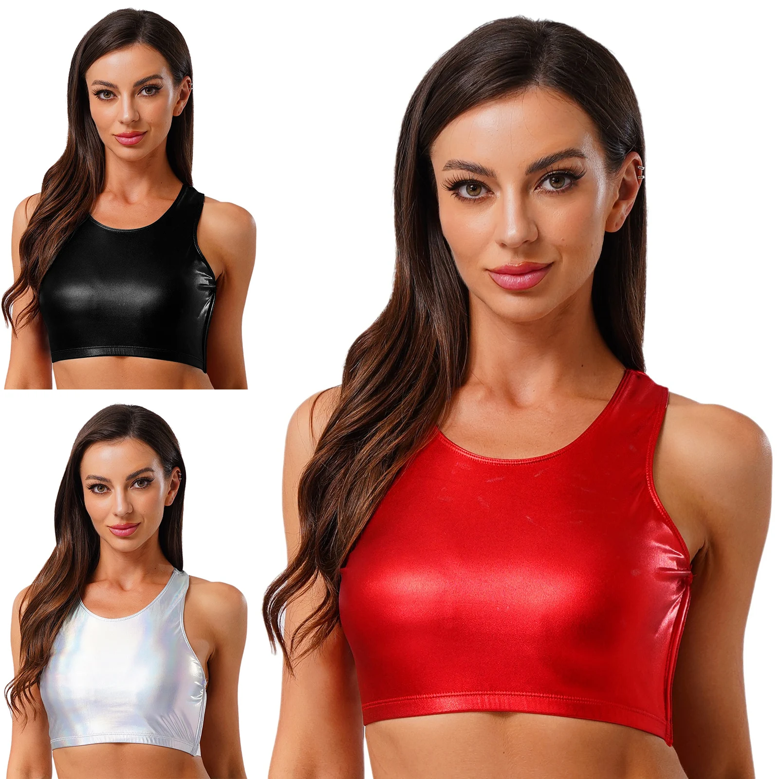 Vrouwen Gloss PU Lederen Vest Crop Tops Clubwear Terug Uitgehold Mouwloze Tank Top voor Nachtclub Rave Party Muziek Festival Dans