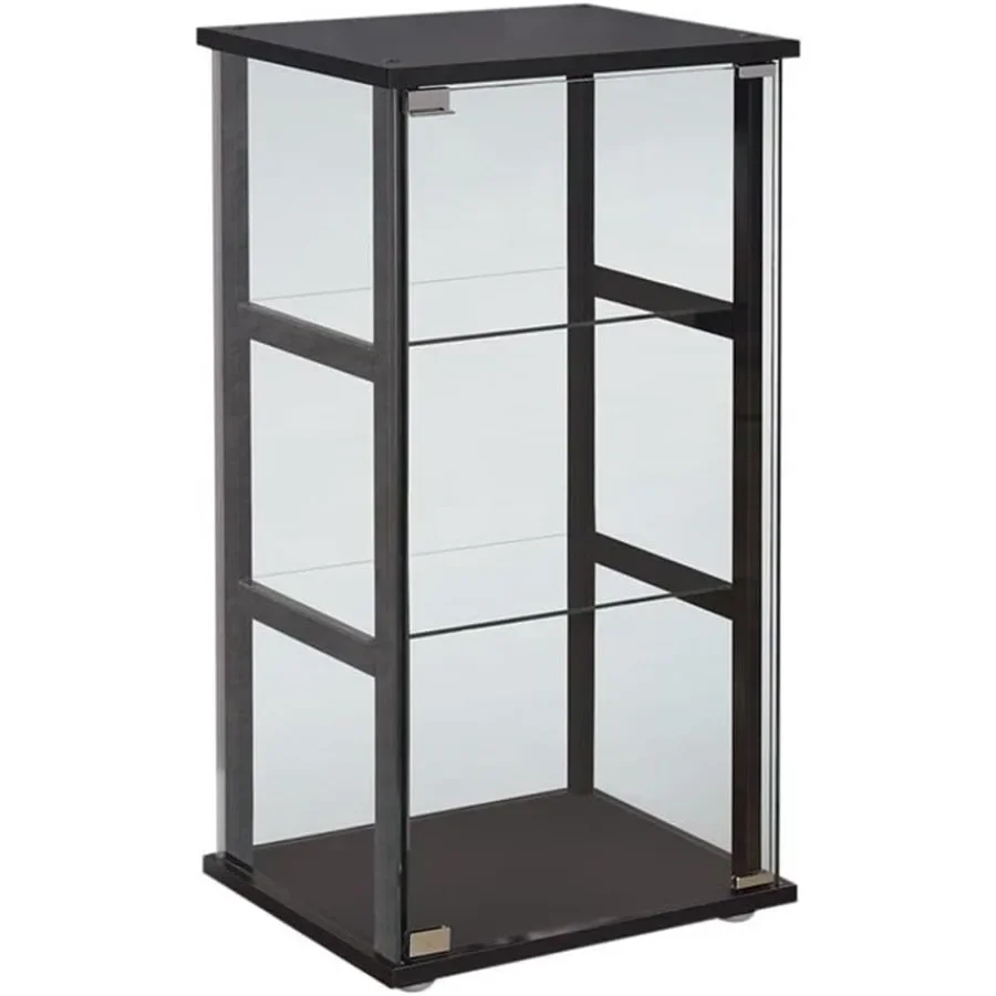Contemporary 3-shelf glass curio cabinet for home decor, pine and particle board with black finish, tempered glass shelves, mod view 3