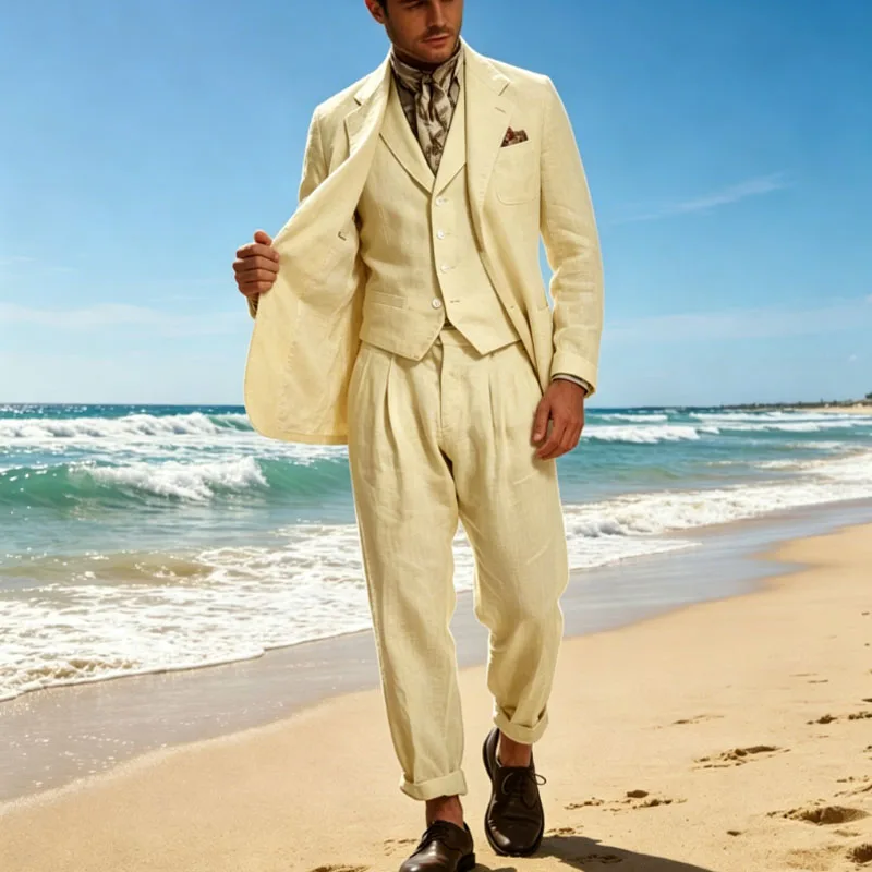 Italian Style Men's Linen 3 Piece Set Notch Lapel 2 buttons Blazer+Vest+Pants Breathable Lightweight Summer Casual Business Suit