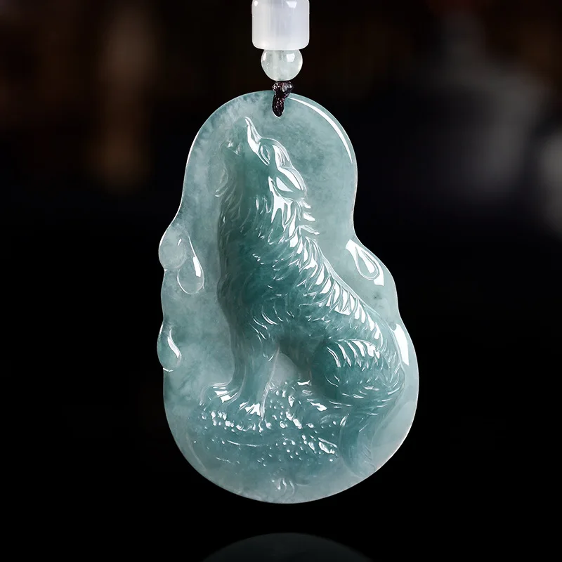Natural A-Grade Blue Water Wolf Howling Moon Essence Ice Jade Pendant for Jewelry And Collectibles For Men's Gifts Drop shipping