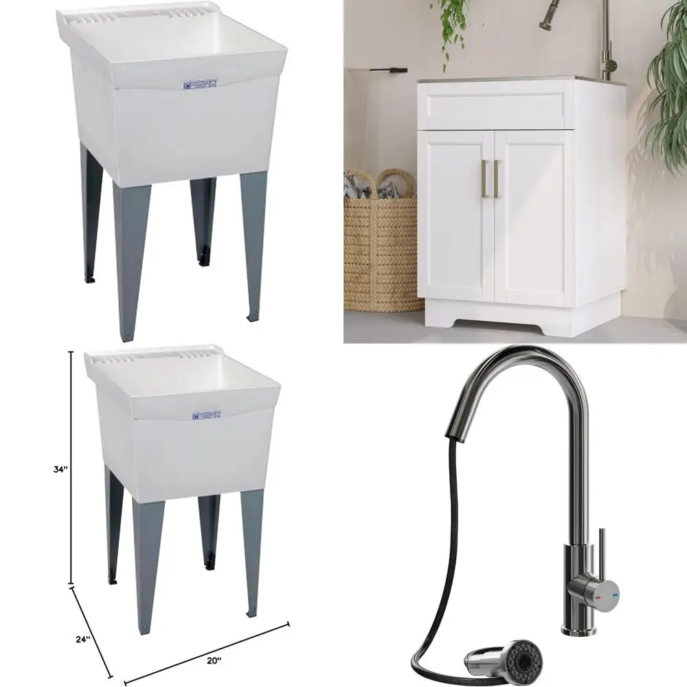 

18-Gallon Floor-Mount Laundry Utility Tub, 34 x 20 x 24, White, Heavy-Duty Stainless Steel, Durable for Home and Commercial Use