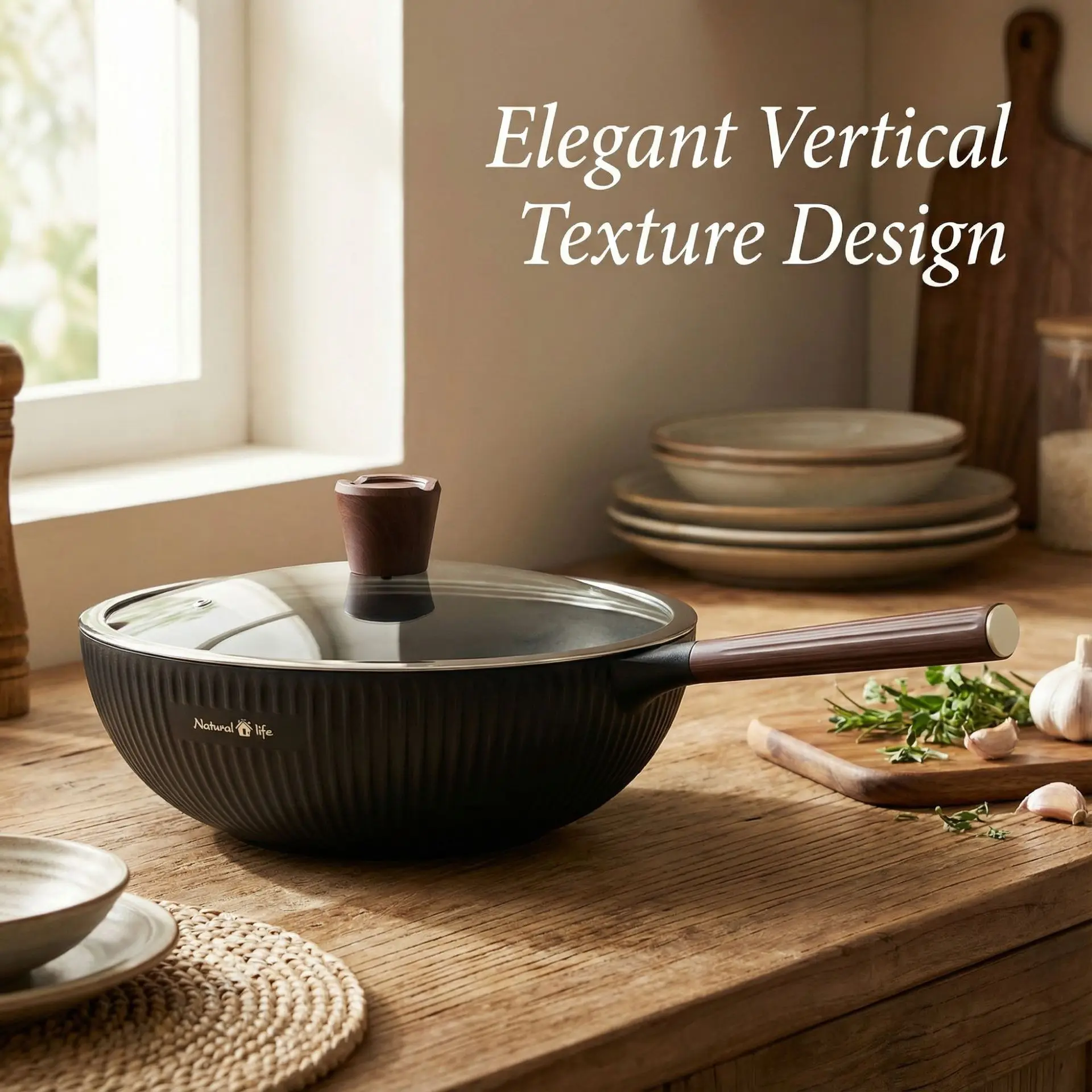 Solid color cookware set for home use, including a non-stick wok, suitable for induction cooktops, and a frying pan.