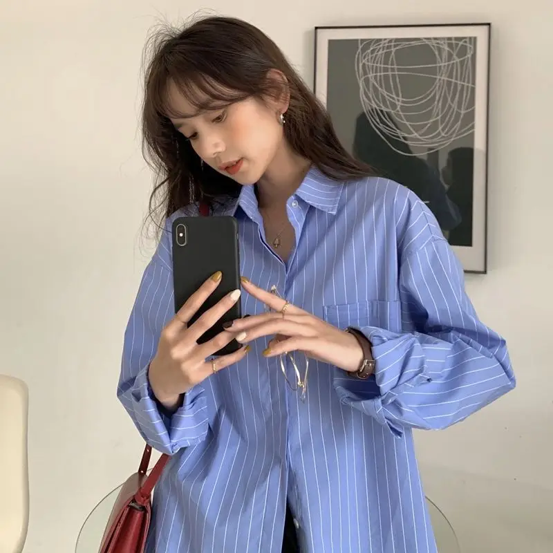 New Summer Blue Striped Shirt for Women's Suit with Long-sleeved Shirt for Outer Layered Mid-length Top