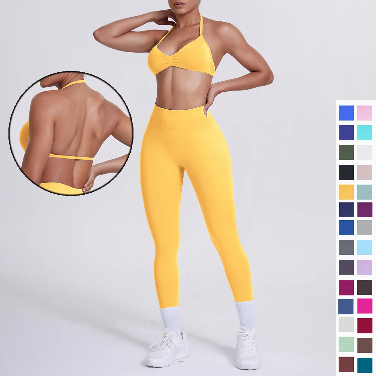 

Сплошной цвет, сексуальный бюстгальтер с бретельками на шее, быстросохнущие штаны для йоги, комплект с высокой талией, персиковые ягодицы, уличные брюки для бега, комплект для йоги