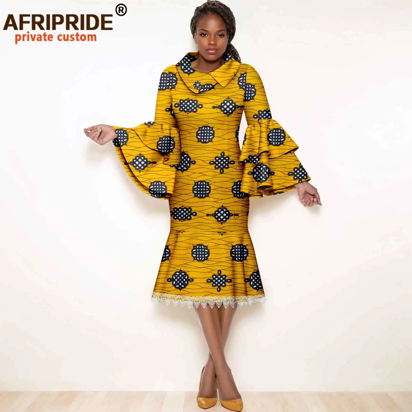 Women`s Dresses Elegant Full Sleeve High Waist Elegant Lace Midi Dress African Clothes Ankara Print Wear for Party 2525072