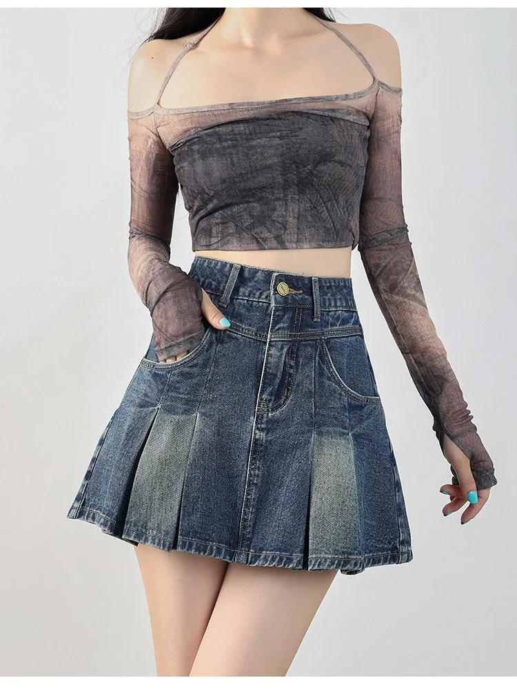 Retro Pleated High Waist Denim  Skirt Women's Summer New plus Size A-Line Half Body Skirt Pear Shape Slimming Effect