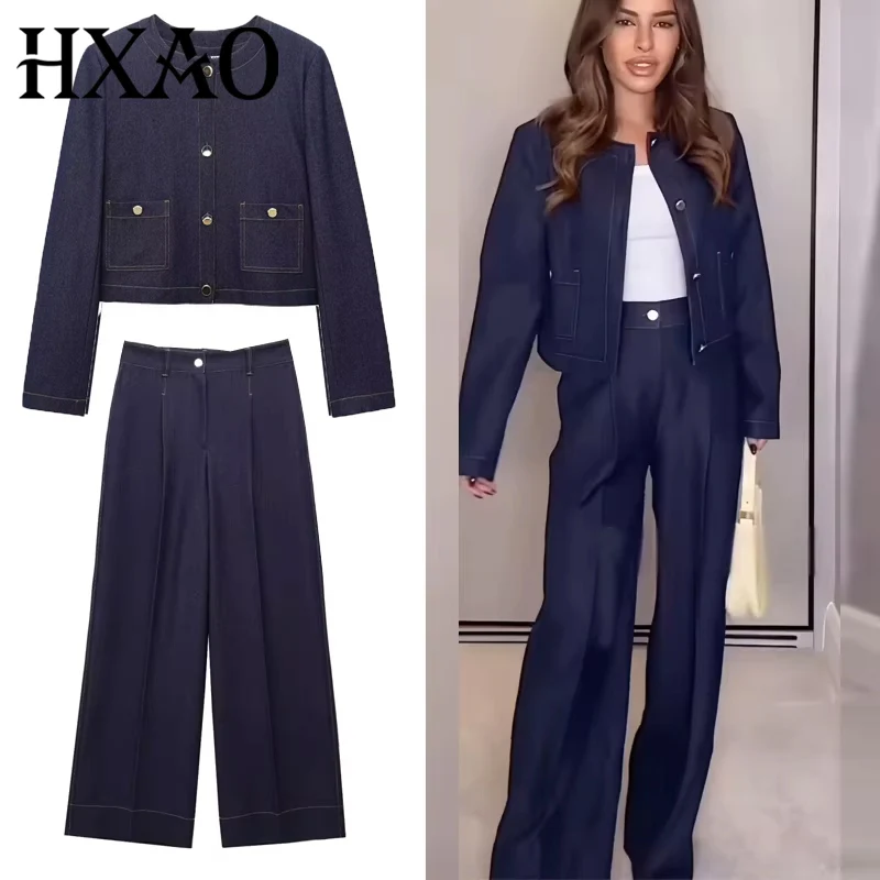 HXAO Baggy-Hosen-Denim-Set für Damen, Sommer-Outfit, abgeschnittene Bomberjacke, Jeans, 2-teiliges Set für Damen, lässige Faltenhose, zweiteilig