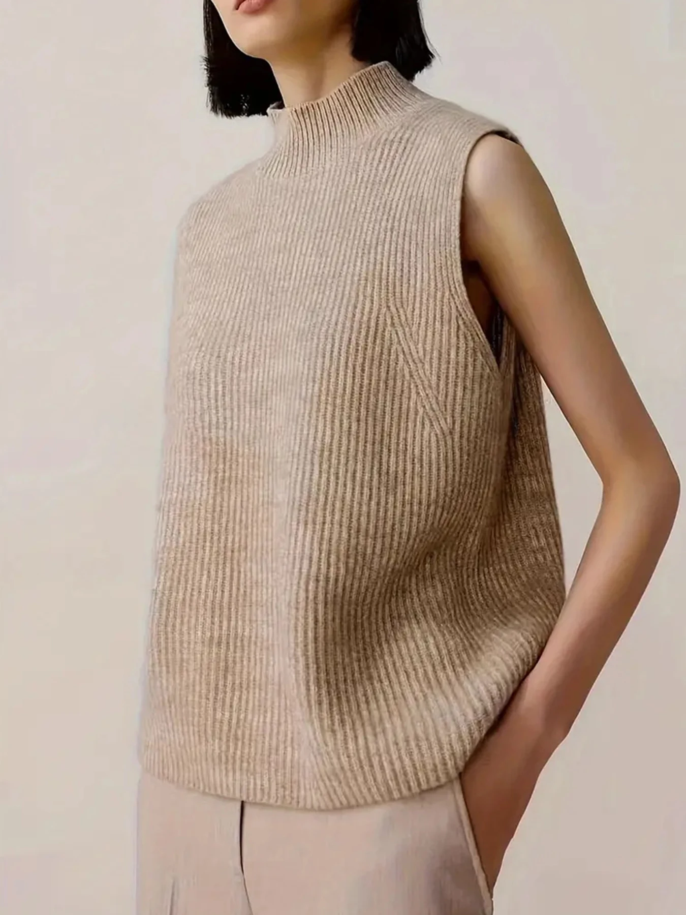 

Women's Clothing - New Retro Elegant Spring and Summer Half High Neck Knitted Thick Solid Color Tank Top Sleeveless Camback Top