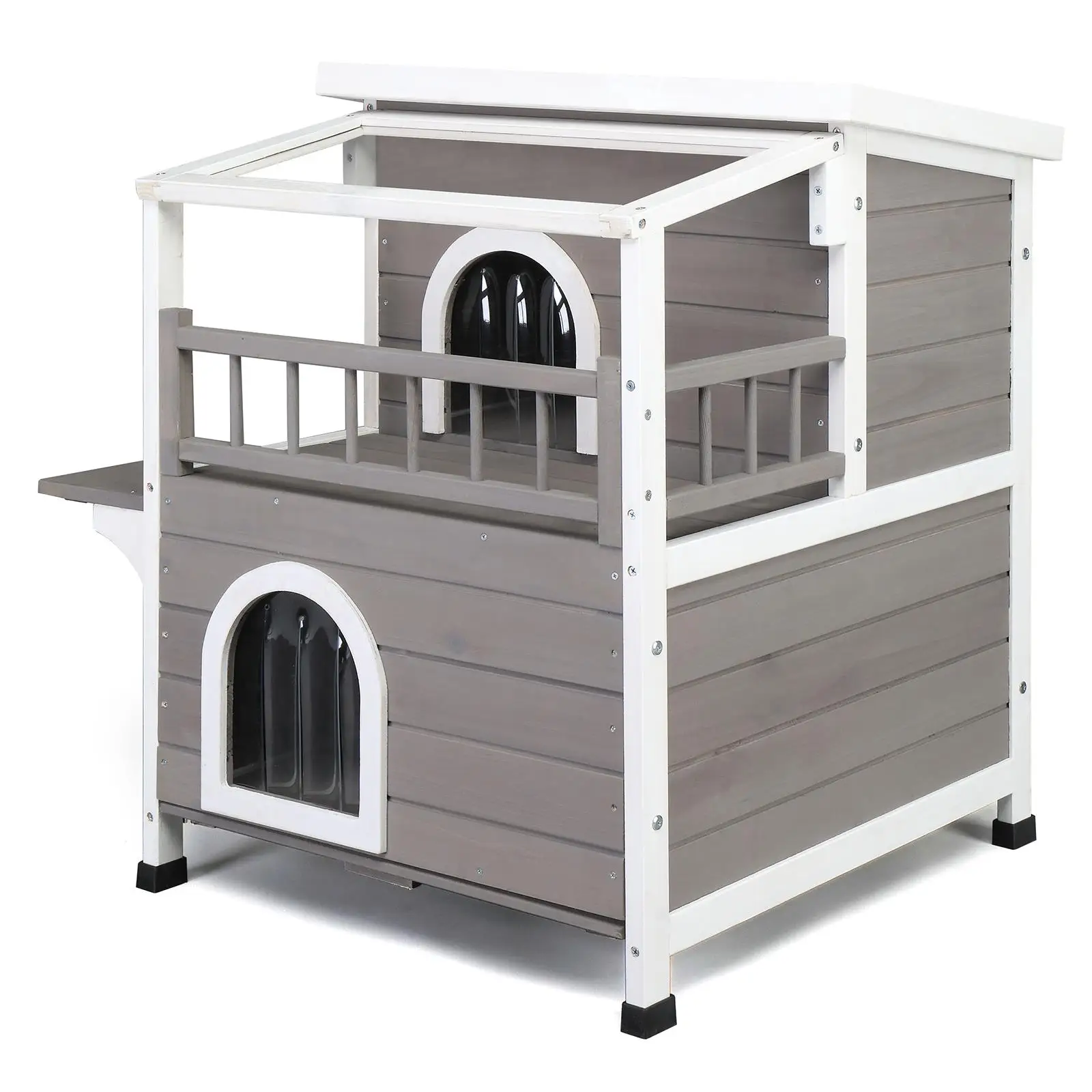 2-Story Luxury Wooden Cat House for Indoor/Outdoor Use - Weatherproof, Canopy, Balcony & Double Escape Door - Grey/White