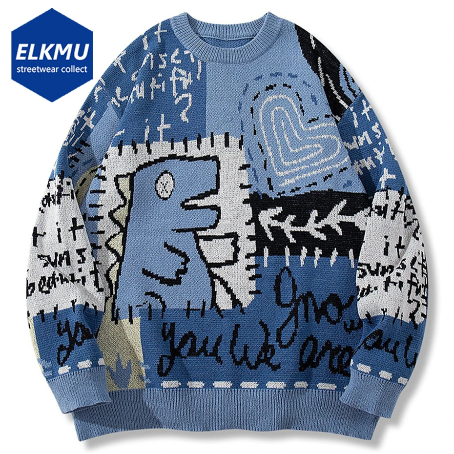 Suéteres Y2K de gran tamaño para hombre, jerséis de punto con gráfico de dinosaurio, ropa de calle, jersey de Hip Hop Harajuku, jerséis de punto