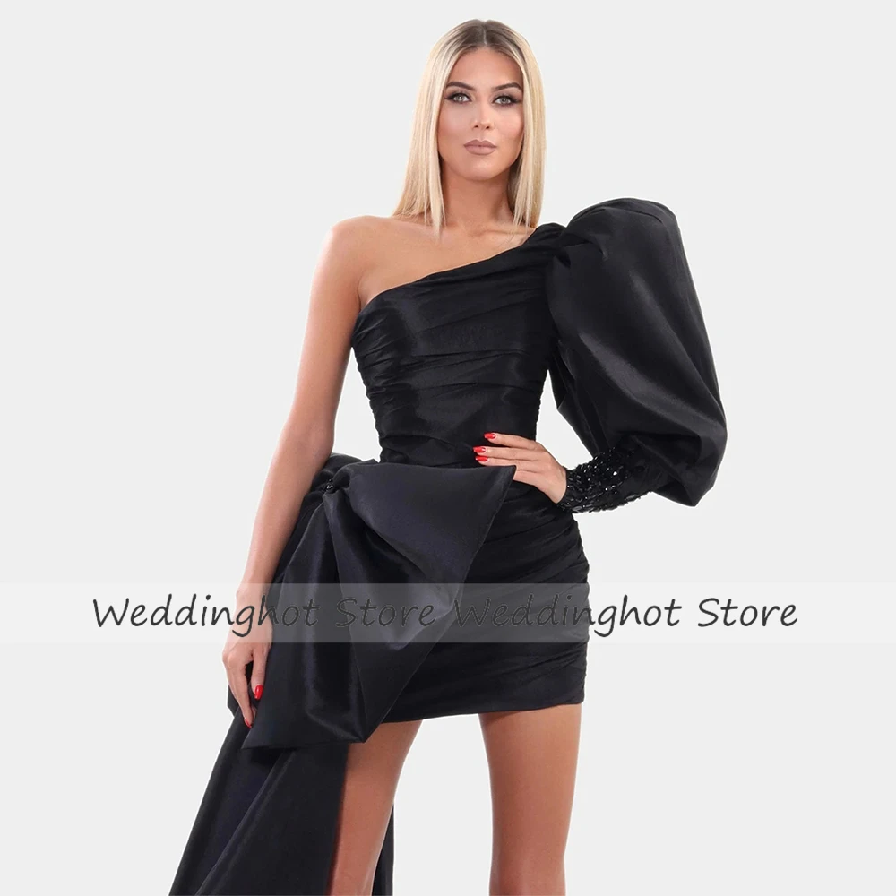 Mini Cocktail Dresses for Women with Train Big Bow Black Satin Evening Dress Puff Sleeve One Shoulder Crystal Sexy Party Gown