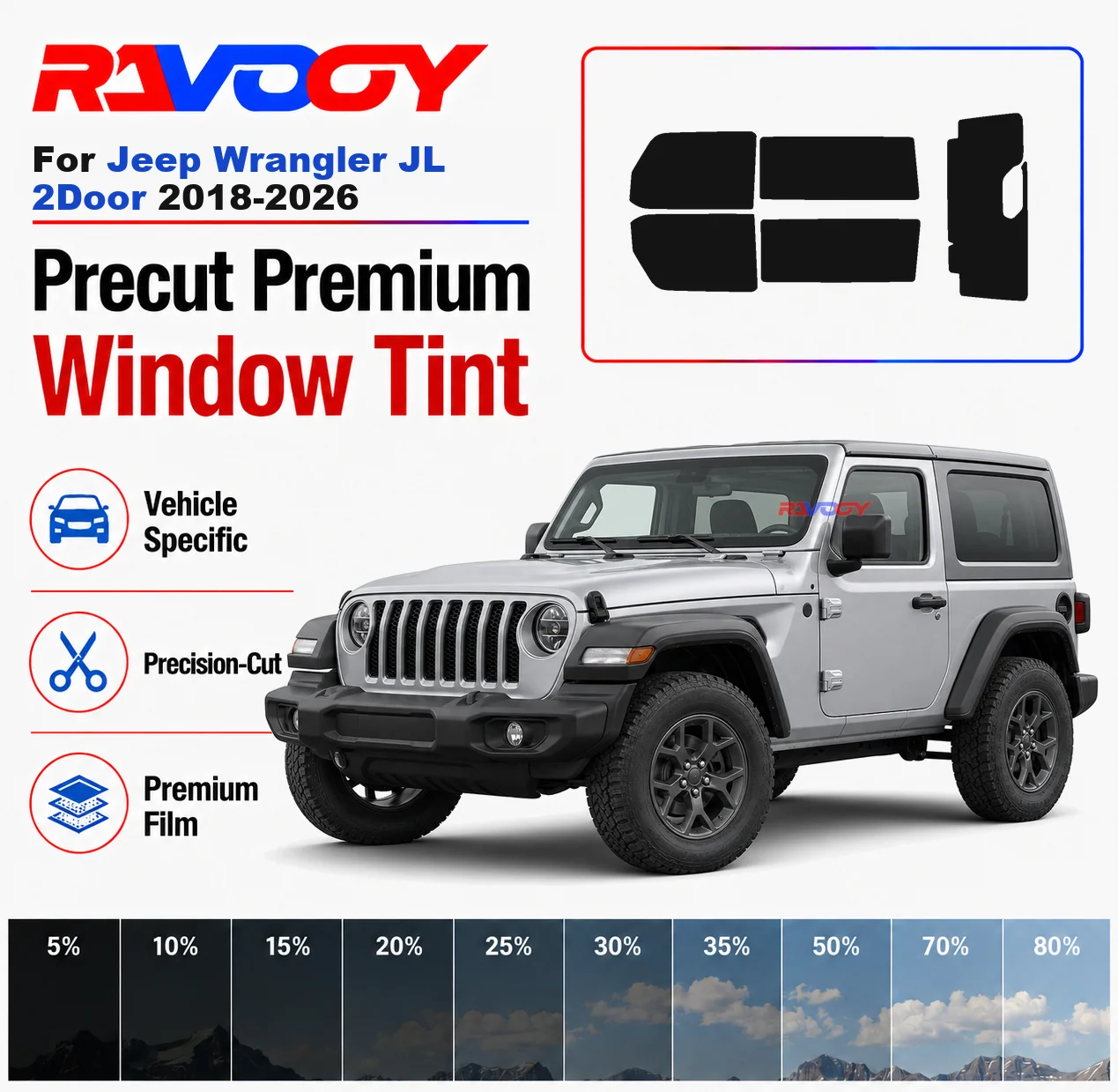 Premium Precut Window Tint Kit Front Windows Rear Windows Rear Windshield For Jeep Wrangler JL 2Door 2018-2026 Nano Ceramic Film