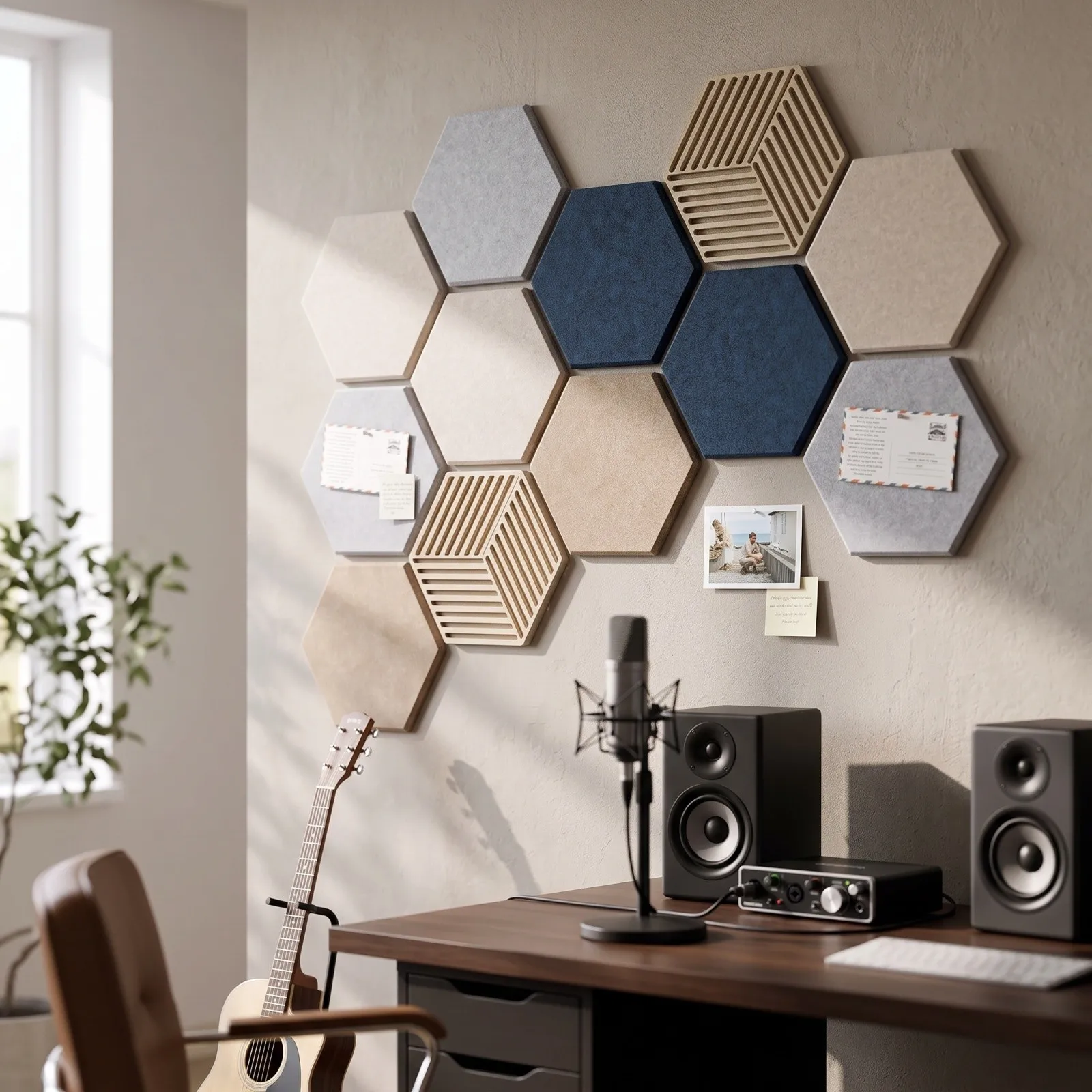 10pcs Hexagonal Acoustic Panels Self‑Adhesive Soundproof Wall Sticker Noise Reduction Panel Home Office Studio Wall Decoration